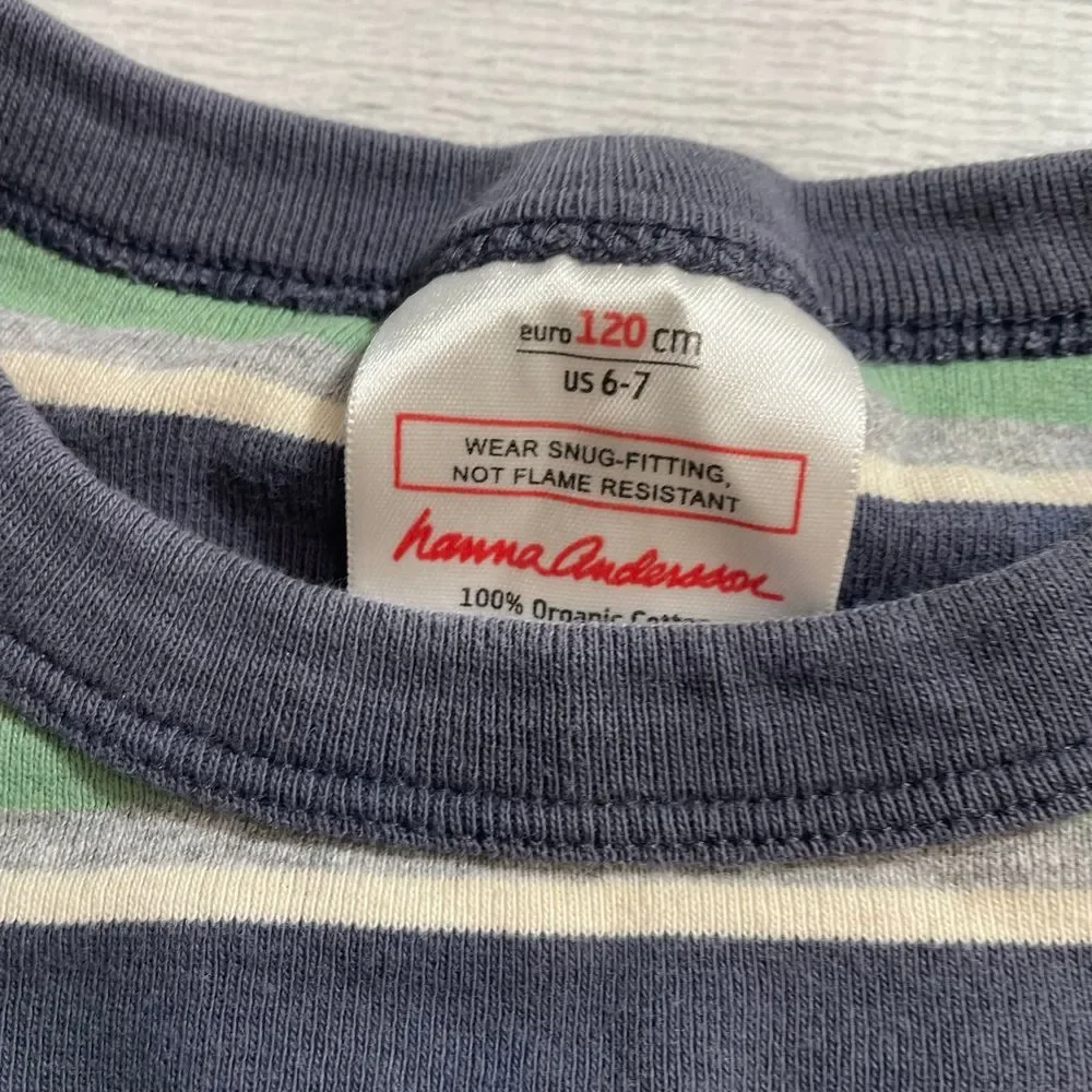 Hanna Andersson short sleeve green blue stripe pajama top 120 6/7‎